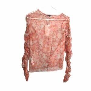 Zara Women's Mesh Floral Print Rushed  Long Sleeve Orange Blouse